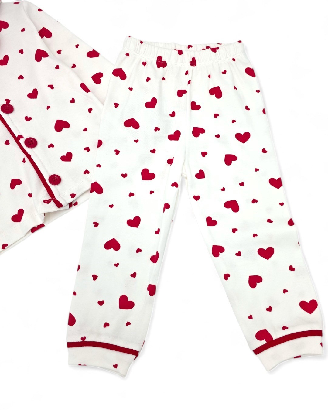 Kız Çocuk Büyük Kalp Baskılı ruvaze Yakalı, Düğmeli Mevsimlik Gecelik Pijama Takımı 3-14 Yaş R2185