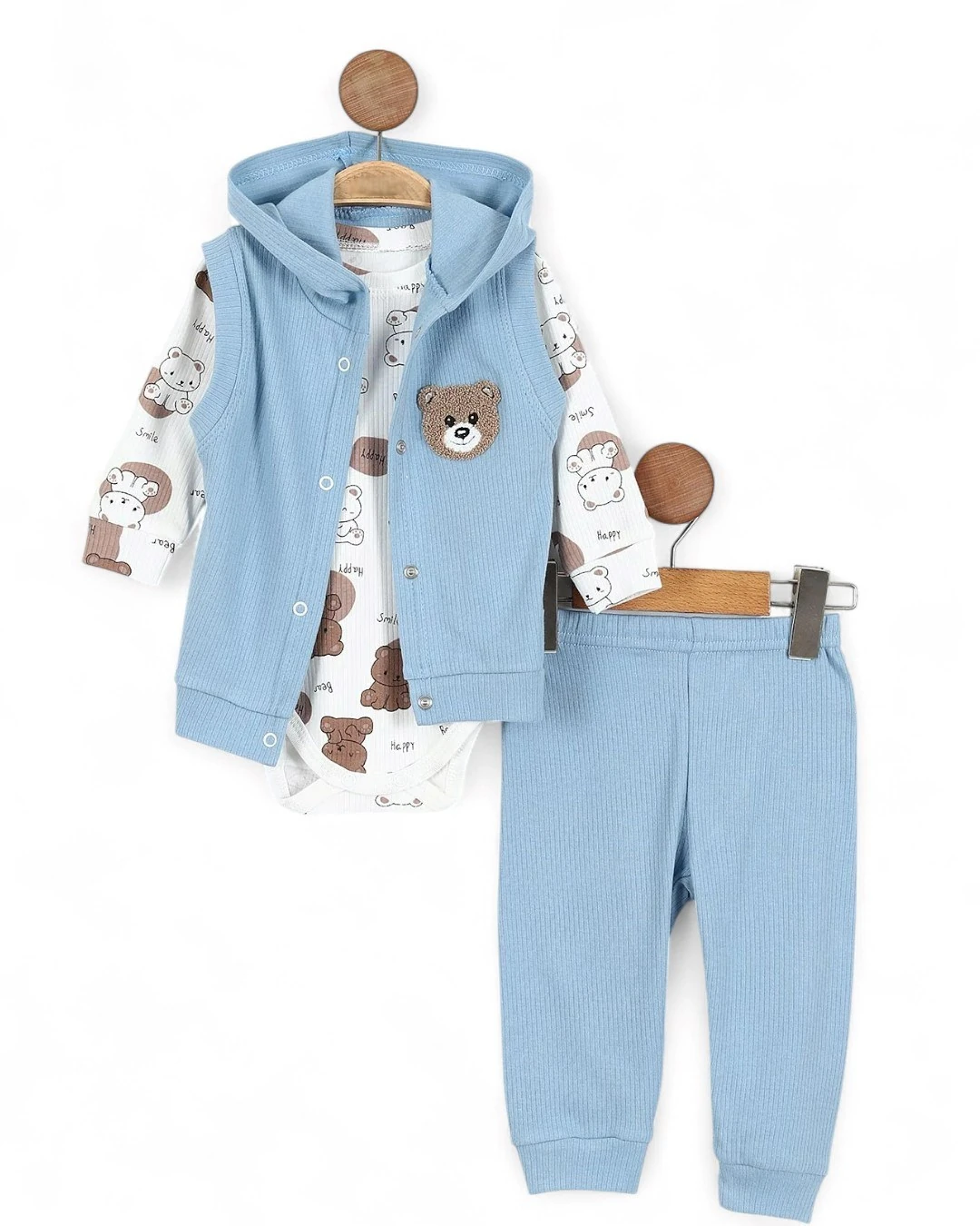 Erkek Bebek Mevsimlik Yeni Doğan 3-6-9-12 Ay Fitilli Yelekli Ayıcık Nakışlı 3 Parça Şık Bebek Takımı R2154
