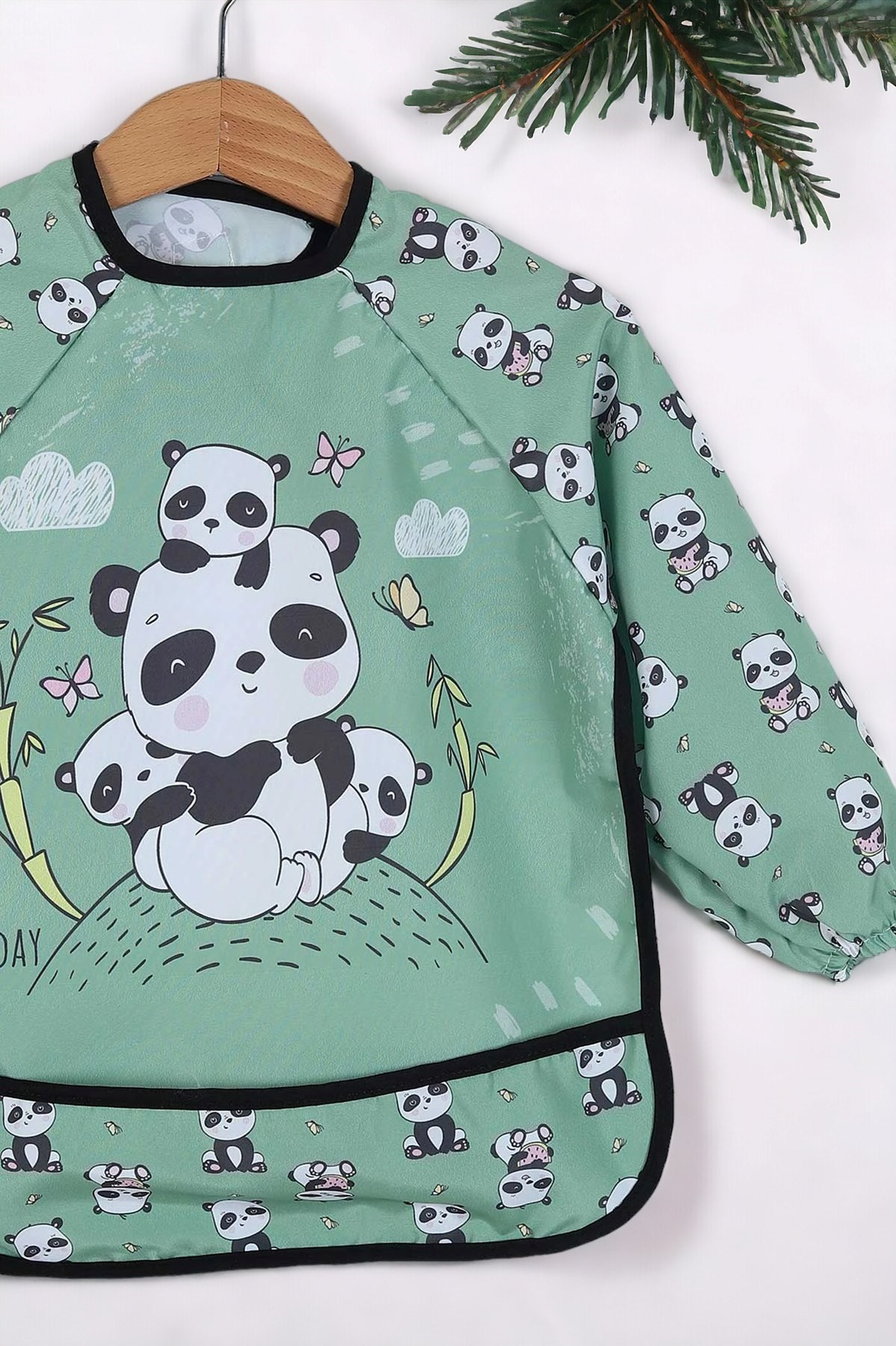 Panda Baskılı Unisex Bebek Uzun Kollu Sıvı Geçirmez Mama Önlüğü MM3