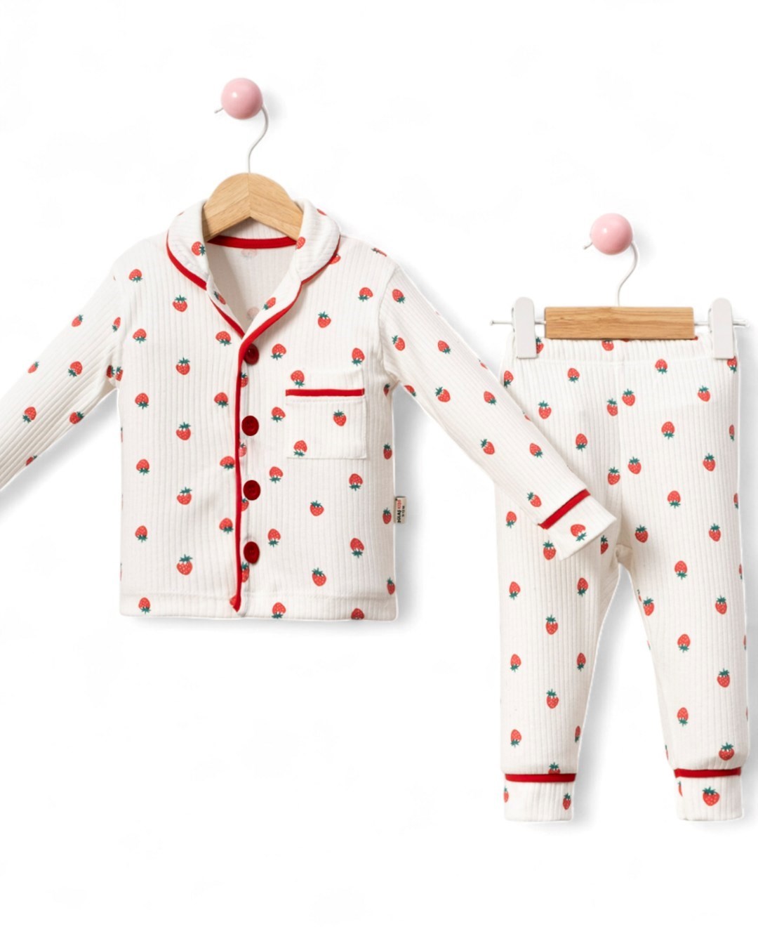 Kız Çocuk Çilek  Baskılı ruvaze Yakalı, Düğmeli Mevsimlik Gecelik Pijama Takımı 0-6 Yaş R2186
