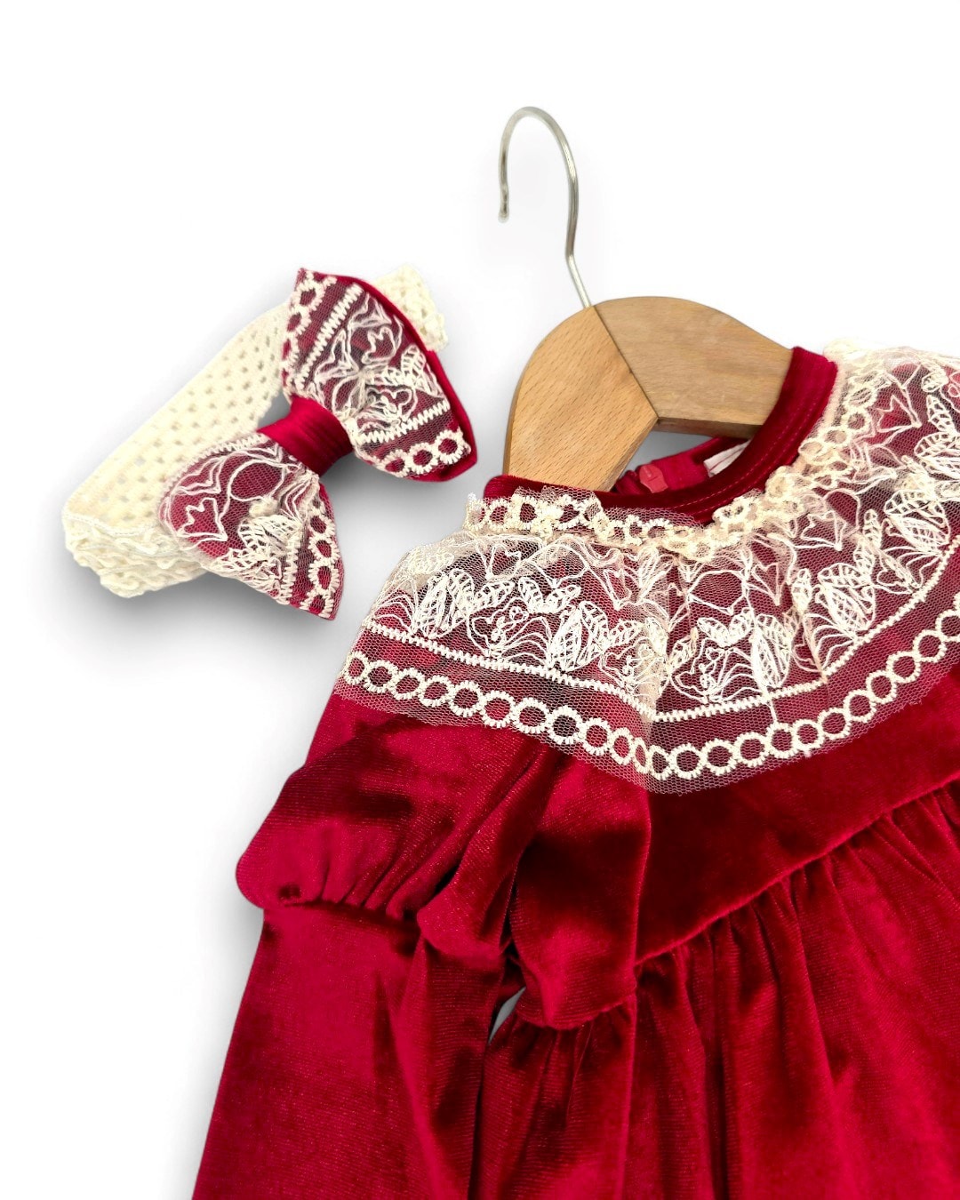 Kız Bebek Dantel Yakalı, 3-6-9-12-18 Aylık Bandanalı Kadife Elbise, İçi Astarlı Kadife Elbise R2330