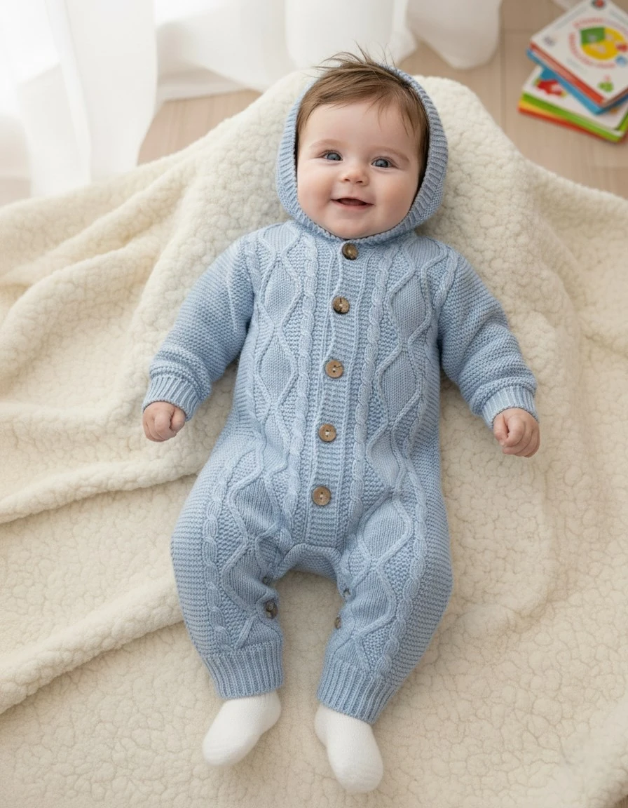 Kapüşonlu Düğmeli Kışlık Triko Tulum, 3-6-9-12 Ay Triko Tulum R2207 - BEBE MAVİSİ