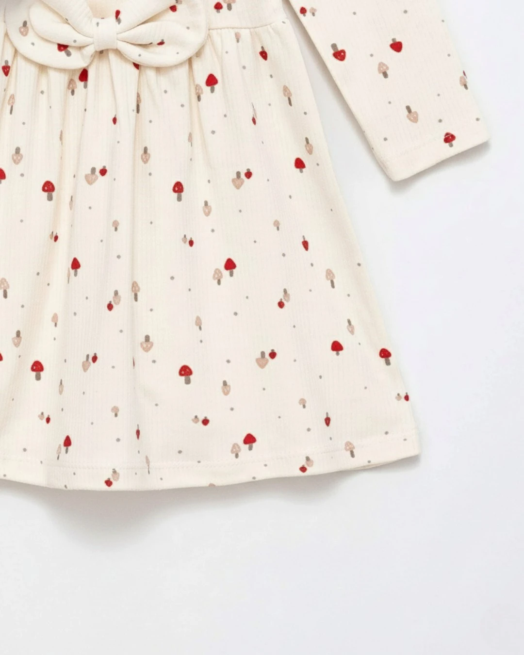 Kız Çocuk Ekru Mantar Desenli Fırfırlı Elbise, Mevsimlik 2-3-4-5-6 Yaş Elbise | Pamuklu & Rahat l R2
