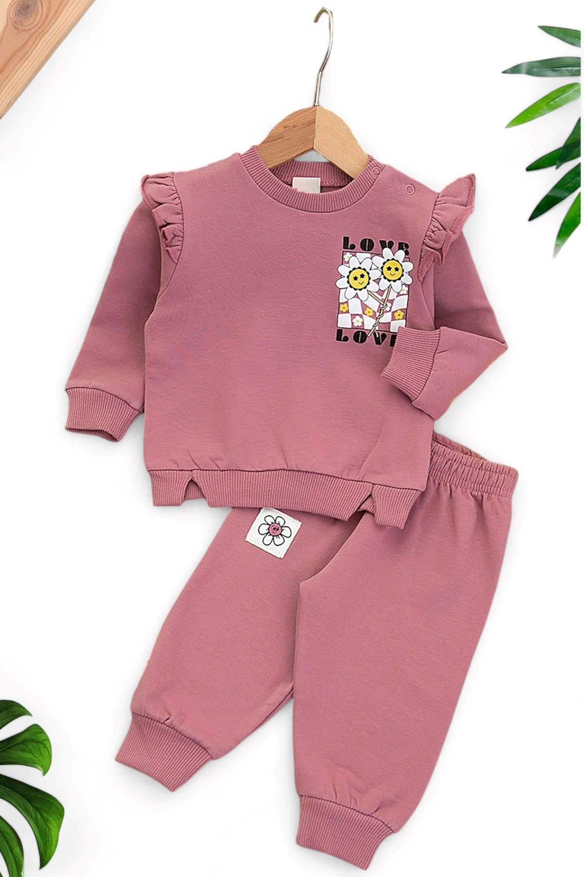 KIZ BEBEK KIŞLIK PAPATYA BASKILI 3 İP ŞARDONLI KALIN 6-9-12-18-24 AY FIRFIRLI TAKIM R1258 - MÜRDÜM