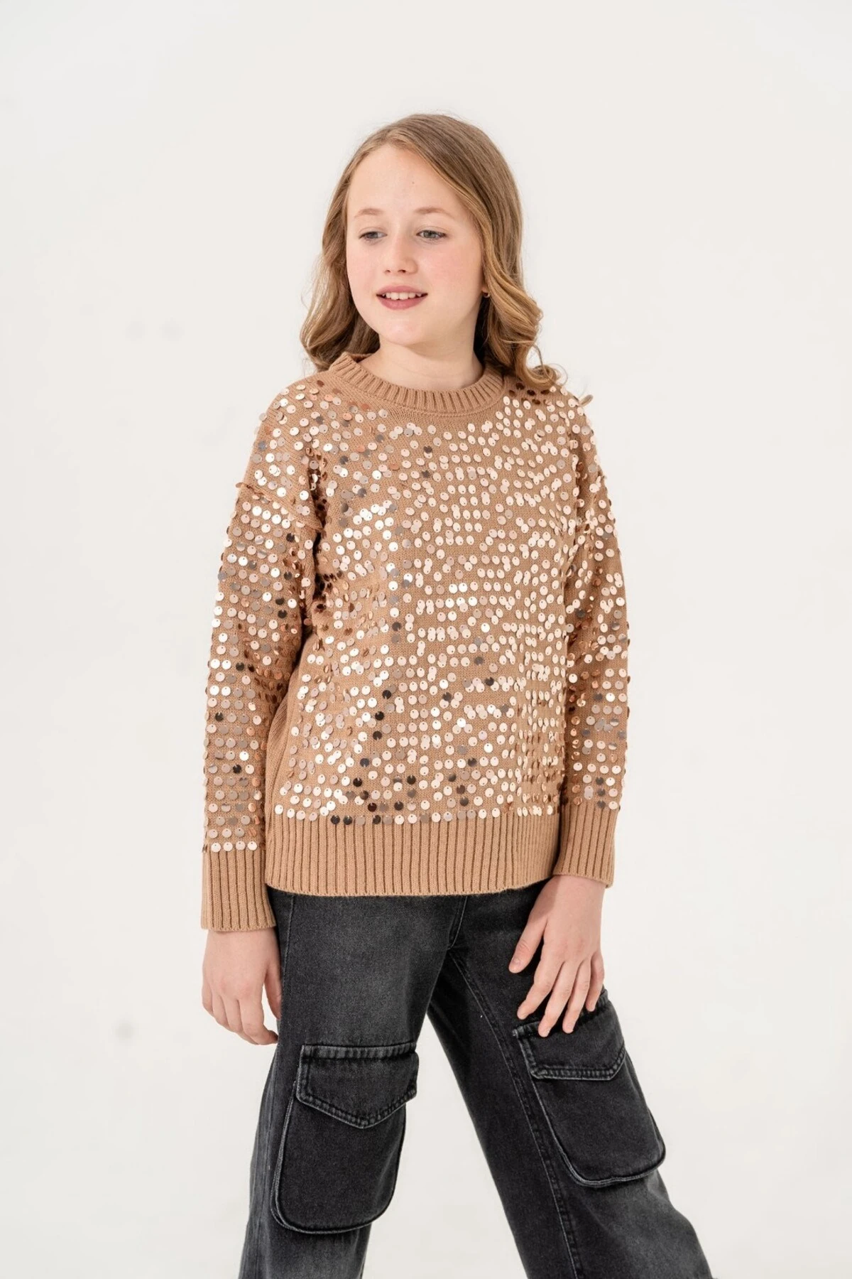 Kız Çocuk 9-15 Yaş Pullu Akrilik Kazak, Pullu Triko Çocuk Kazağı l 9-10-11-12-13-14-15 Yaş Kız Kazak