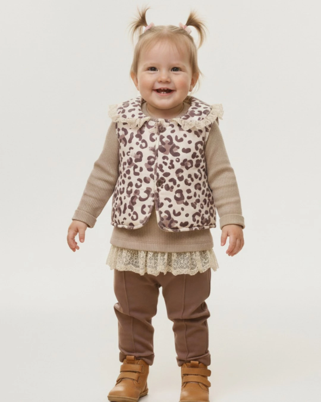 Kız Bebek Leopar Desenli Şişme Yelekli, 2-3-4 Yaş Taytlı Mevsimlik 3'lü Şık Kombin l Takım R2373