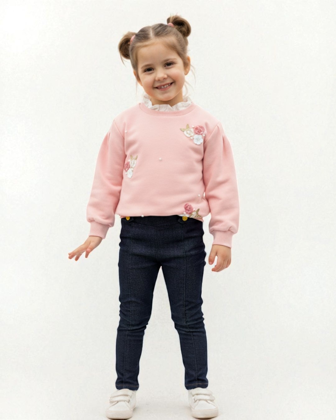 Kız Çocuk Çiçek Nakışlı Yaka Detaylı, Taytlı 2-10 Yaş Arası, Şık Alt Üst Takım R2329 - PUDRA