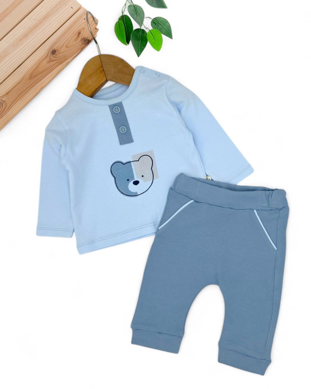 Erkek Bebek Ayıcık Baskılı Soft %100 Natural Pamuklu Premium Takım R2056 - BEBE MAVİSİ