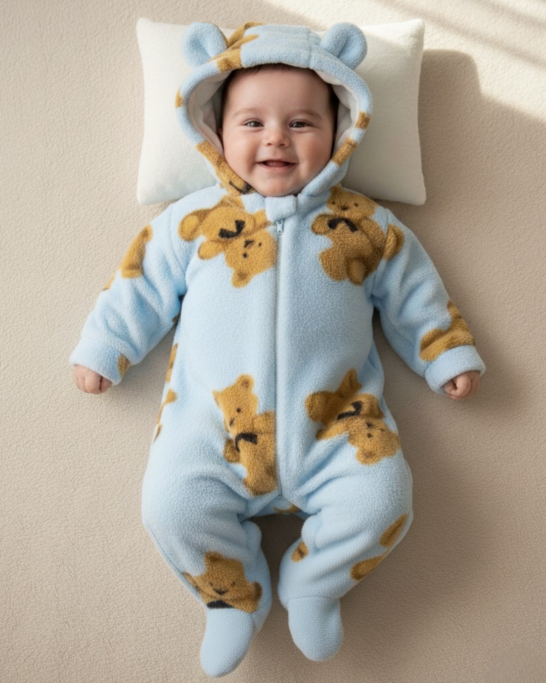 6-9 Aylık Ayıcıklar Baskılı Fermuarlı Kışlık Welsoft Peluş Kapşonlu Tulum , Ayakları Kapalı R2202 - BEBE MAVİSİ
