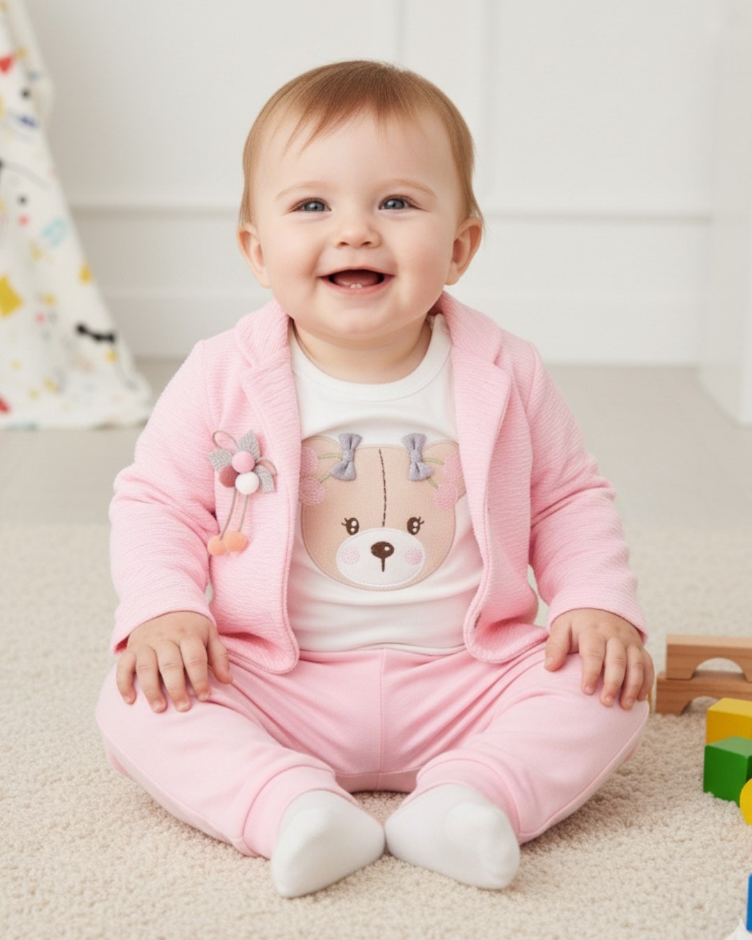 Kız Bebek Ayıcık Detaylı Ceketli 3 Parça Mevsimlik Şık Alt Üst Takım 0-12 Ay  R2220 - PEMBE