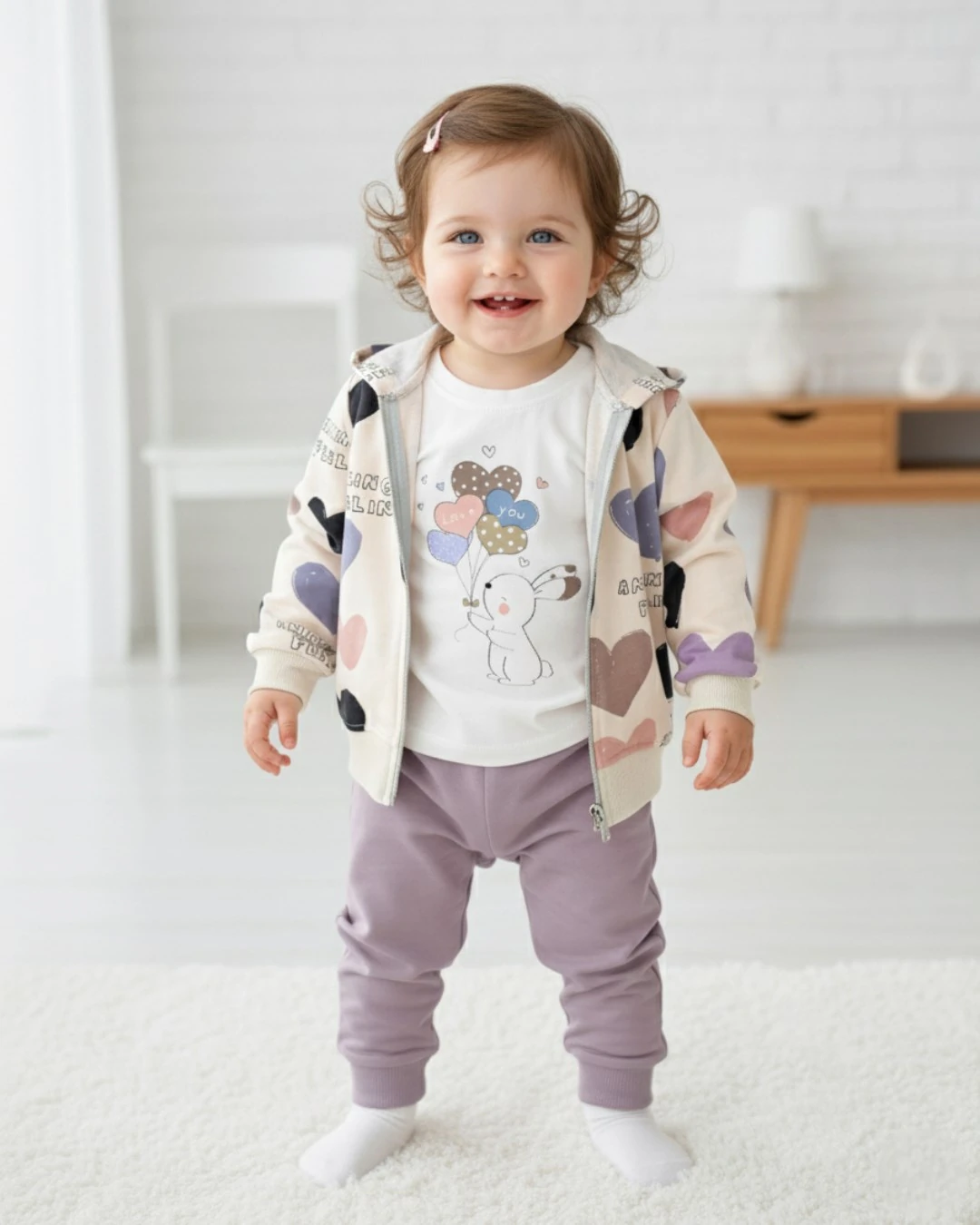 Kalp Desenli Kapüşonlu Hırkalı Kız Bebek Eşofman Takımı 3’lü Set 6-9-12-18-24 Ay l %100 Pamuk R2340 - MOR