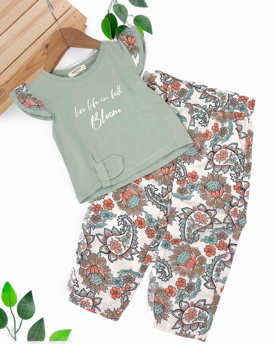 KIZ ÇOCUK ETNİK DESEN KETEN PANTALONLU YAZLIK 2-3-4-5-6 YAŞ ALT ÜST TAKIM R1713 - SU YEŞİLİ