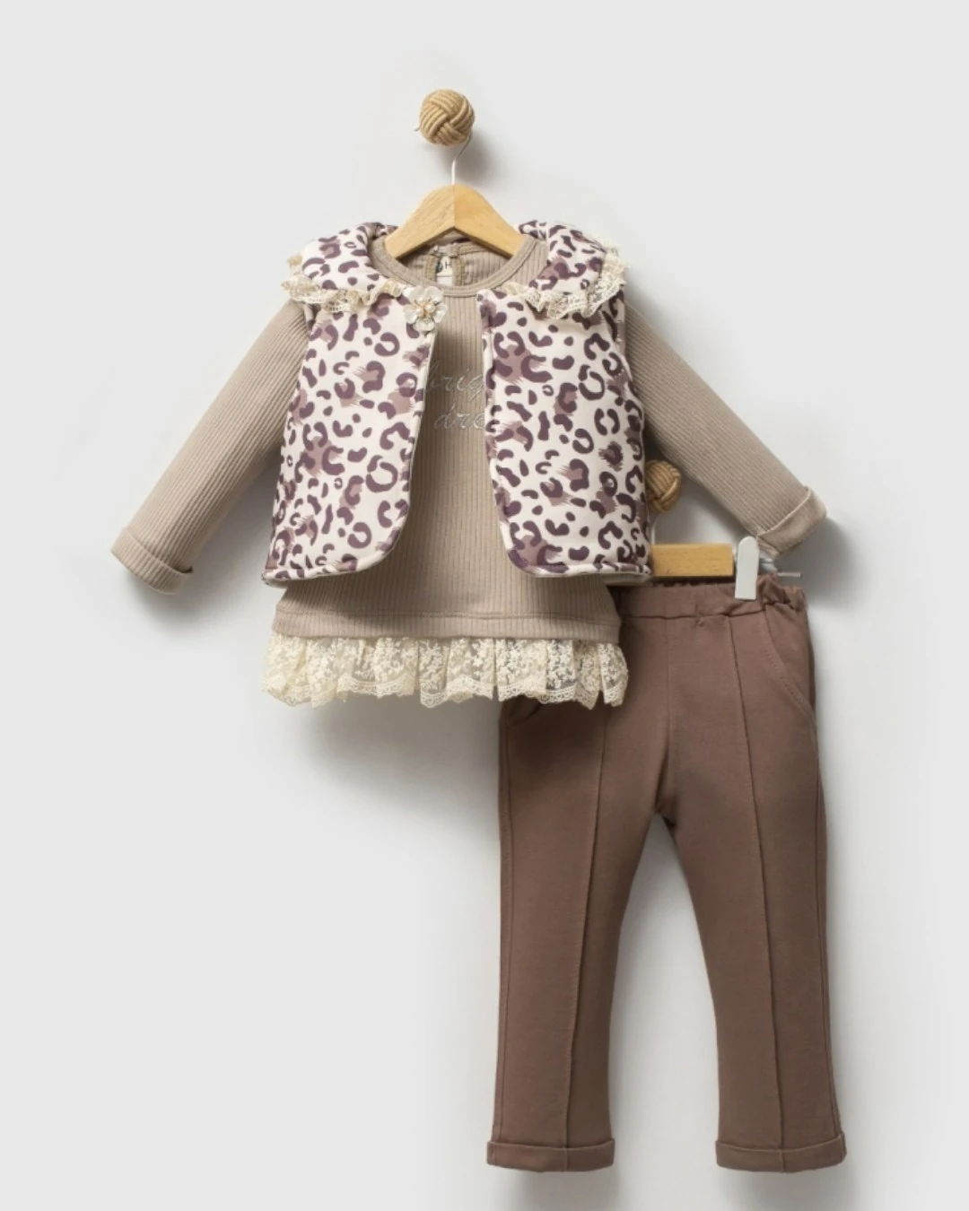 Kız Bebek Leopar Desenli Şişme Yelekli, 2-3-4 Yaş Taytlı Mevsimlik 3'lü Şık Kombin l Takım R2373