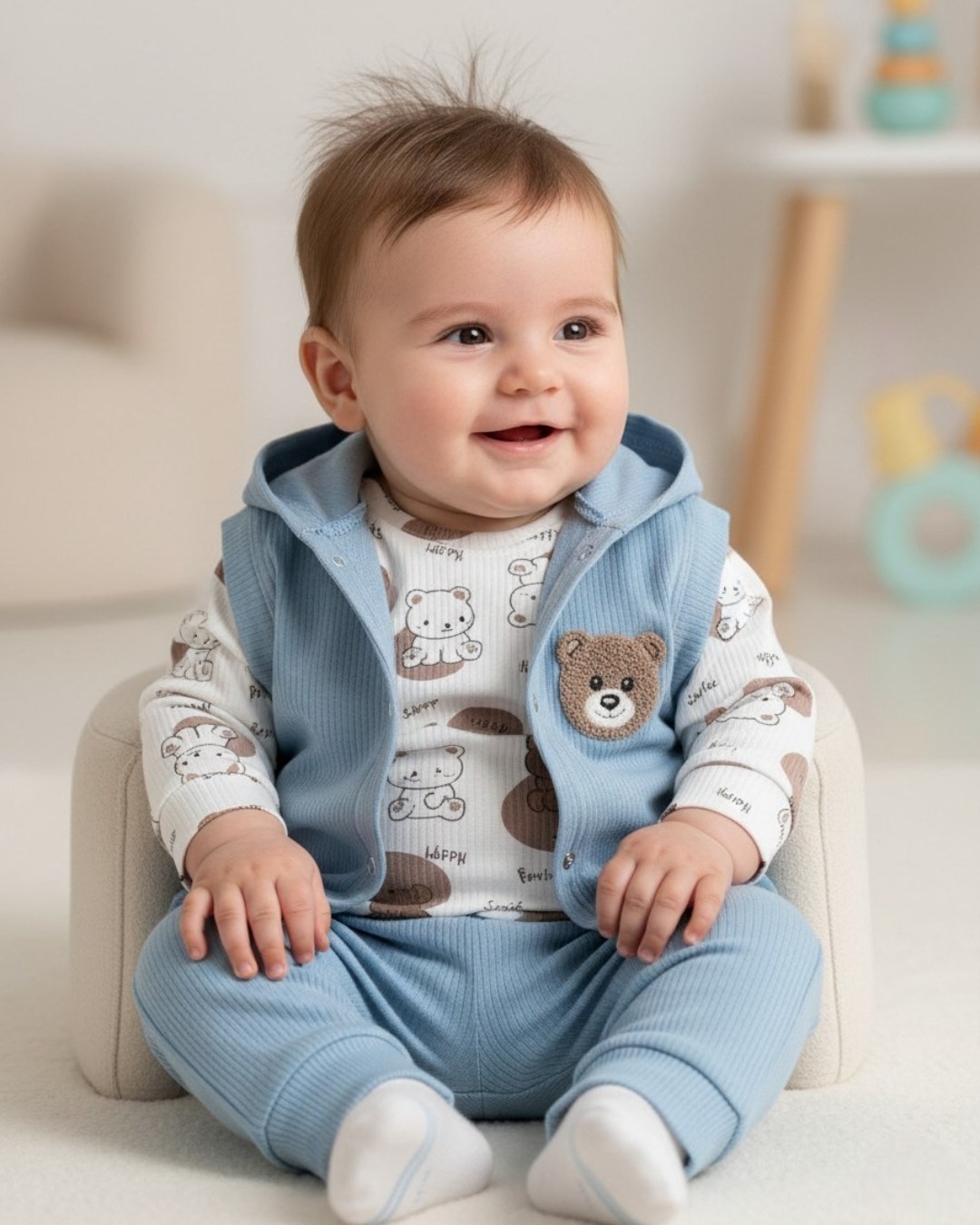 Erkek Bebek Mevsimlik Yeni Doğan 3-6-9-12 Ay Fitilli Yelekli Ayıcık Nakışlı 3 Parça Şık Bebek Takımı R2154 - BEBE MAVİSİ