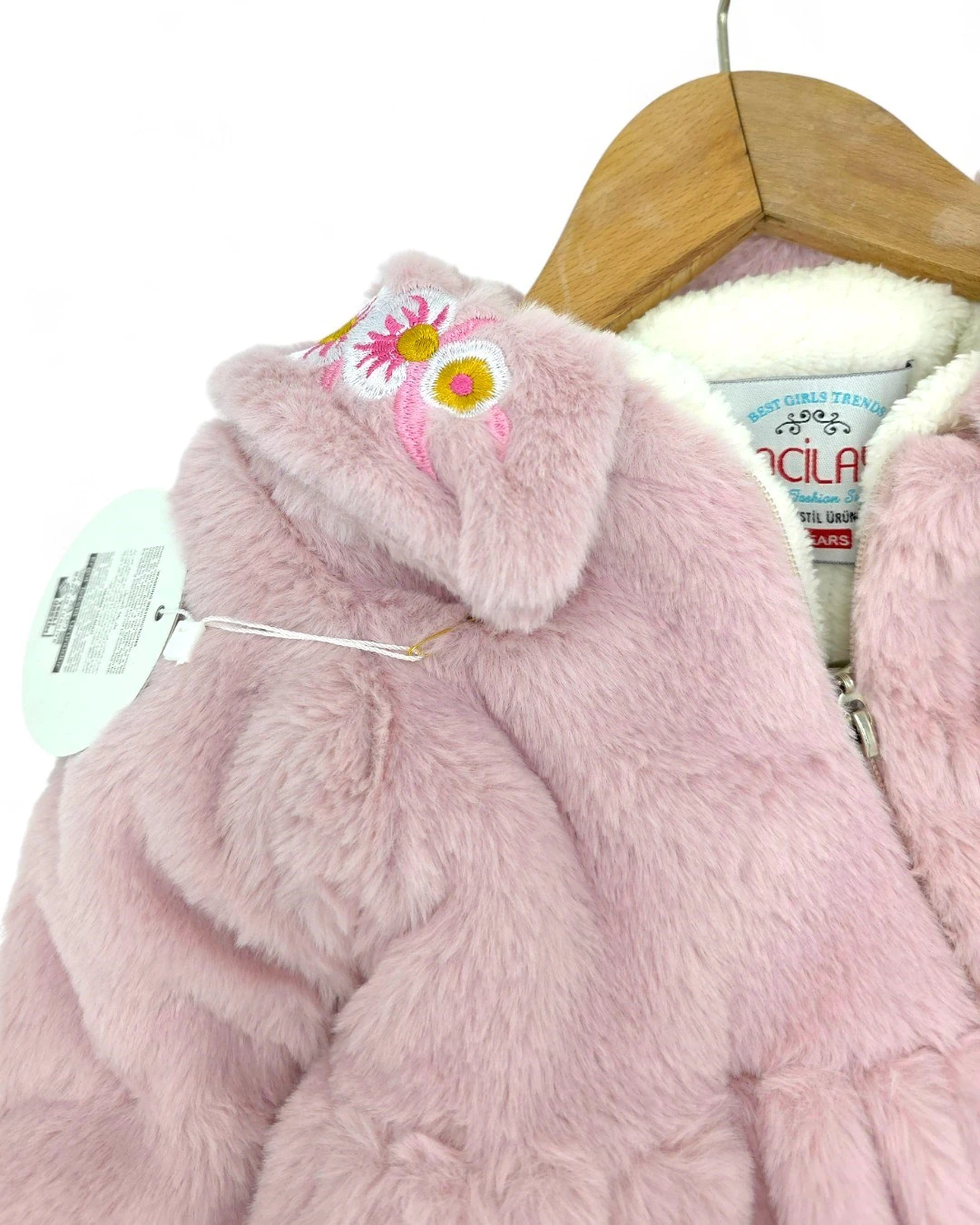 Kız Çocuk 2-3-4-5-6-7 Yaş Yakası Çiçek Nakışlı Peluş Mont R2243