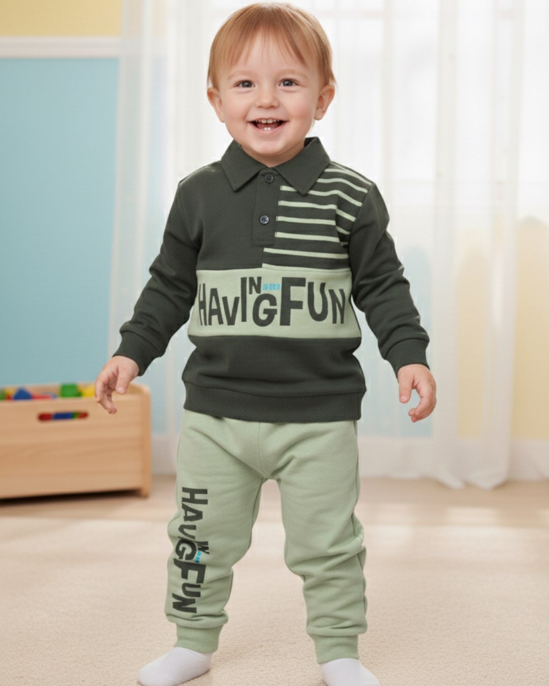 Erkek Bebek Mevsimlik Yakalı Baskılı Cool Takım 3-6-9-12-18-24 Ay R1401 - YEŞİL