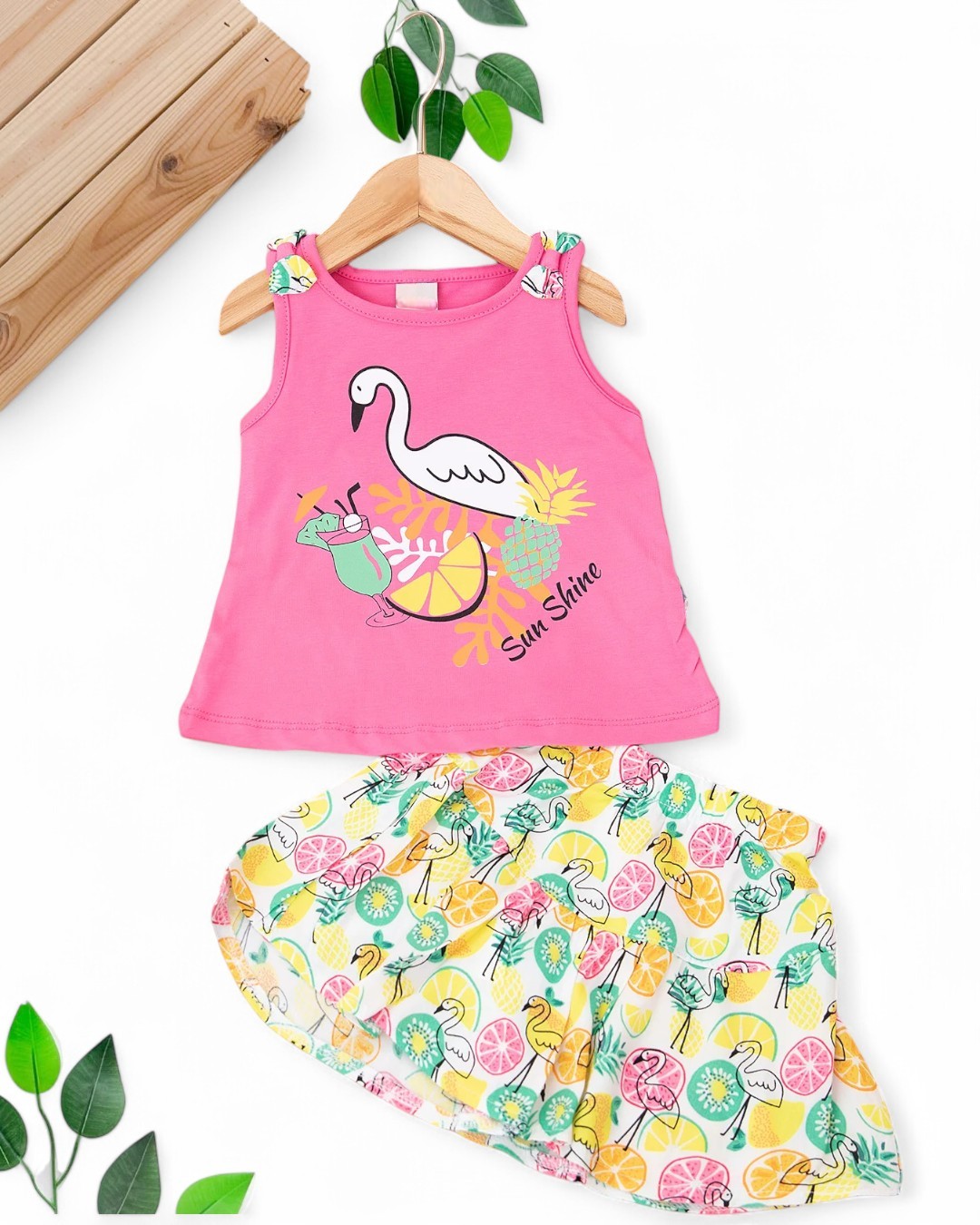 KIZ BEBEK FLAMİNGO BASKILI 6-9-12-18-24 AY  ASKILI BLUZ VE TİRİL TİRİL ŞORTLU YAZLIK ALT ÜST TAKIM R1747 - PEMBE
