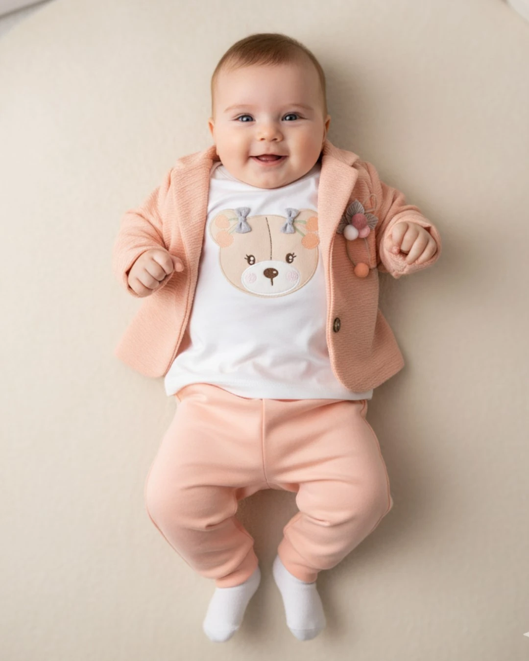 Kız Bebek Ayıcık Detaylı Ceketli 3 Parça Mevsimlik Şık Alt Üst Takım 0-12 Ay  R2220 - SOMON