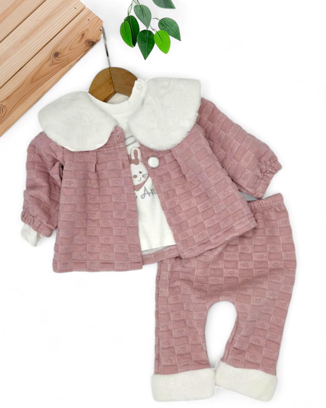 Kız Bebek Peluş Yaka Detaylı 0-3-6-9 Ay Mevsimlik 3 Parça Ceketli Takım R2035