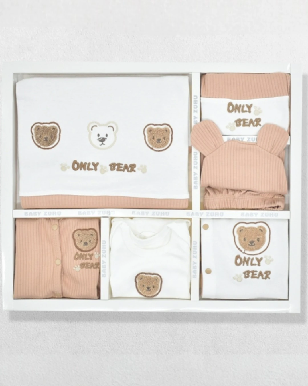 Erkek Bebek Bear Ayıcık Nakışlı Fitilli, 10 Parça Hastane Çıkışı Zıbın Seti R2359