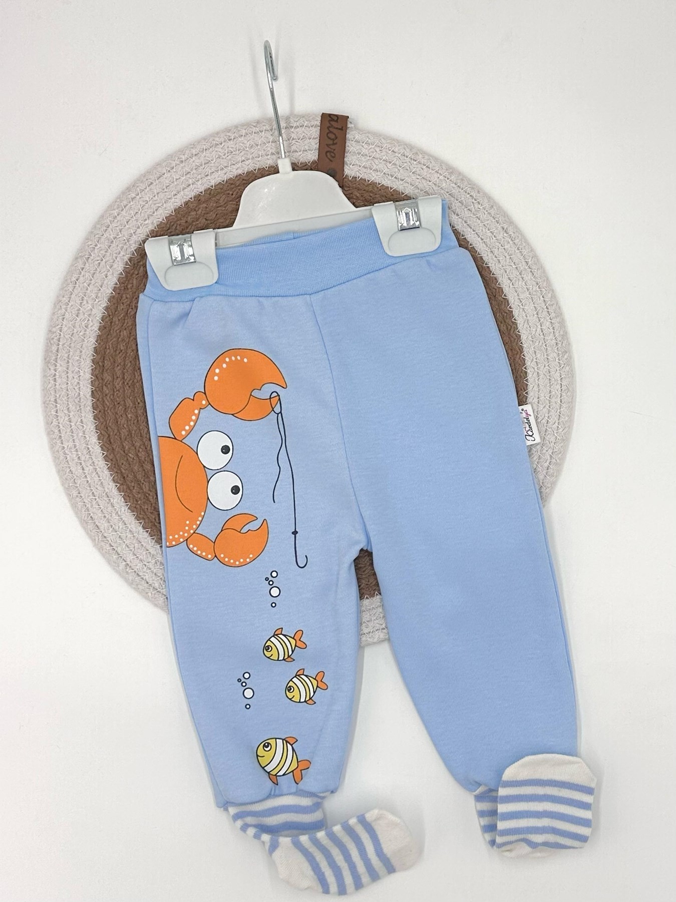 ERKEK  BEBEK ÇORAPLI TEK ALT ÇEŞİTLERİ 0-3-6-9-12 AY ÇORAPLI PATİKLİ ALT PİJAMA R1559  - MAVİ-YENGEÇ