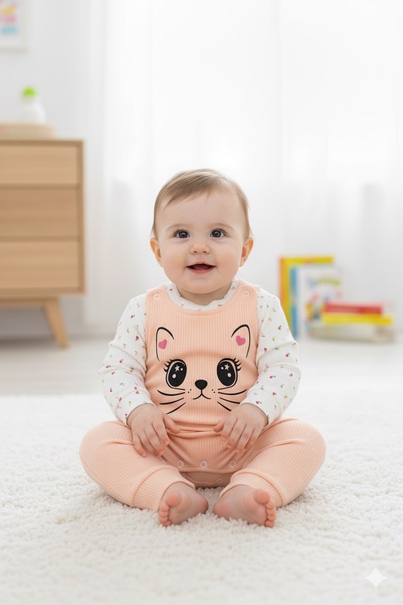 Kız Bebek Fitilli Kedi Baskılı Bahçıvan Salopet Tulum Yenidoğan 3-6-9 Ay Mevsimlik Uzun Kollu Tulum R337 - SOMON