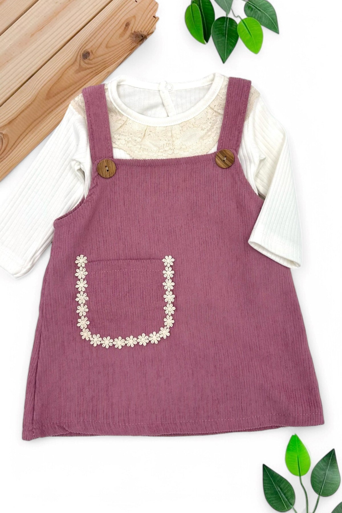 KIZ BEBEK MEVSİMLİK ÇİÇEK AKSESUARLI SALOPET 3-6-9-12-18 AY  ELBİSE VE İÇ BADİSİ R1553 - MÜRDÜM