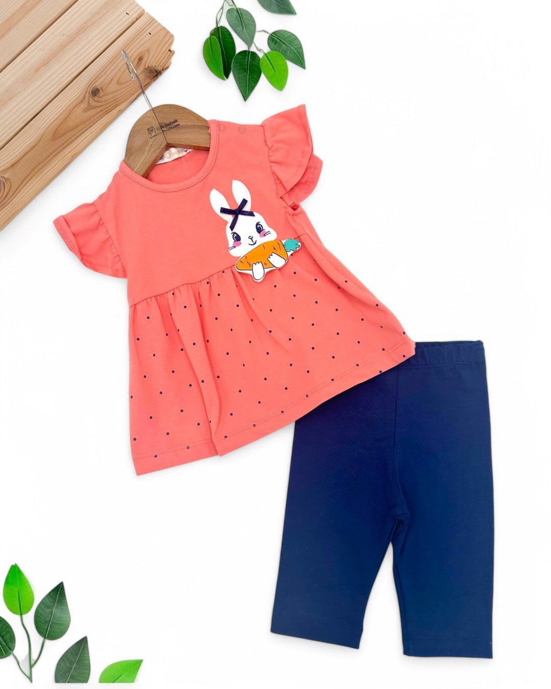 KIZ BEBEK 3-6-9-12-18 AY TAVŞAN VE HAVUÇ DETAYLI YAZLIK LİKRALI ESNEK TAYTLI TAKIM R1738 - TURUNCU
