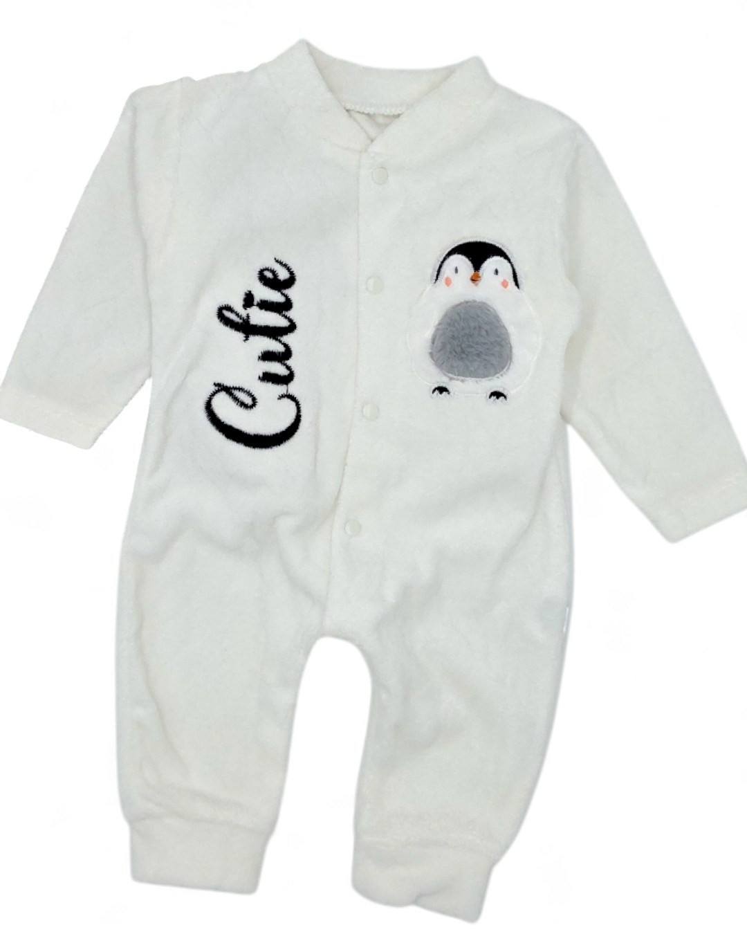 Bebek Kışlık Penguen Desenli %100 Pamuklu 0-1-3-6 Ay Kadife Çıtçıtlı Tulum R2163 - BEYAZ