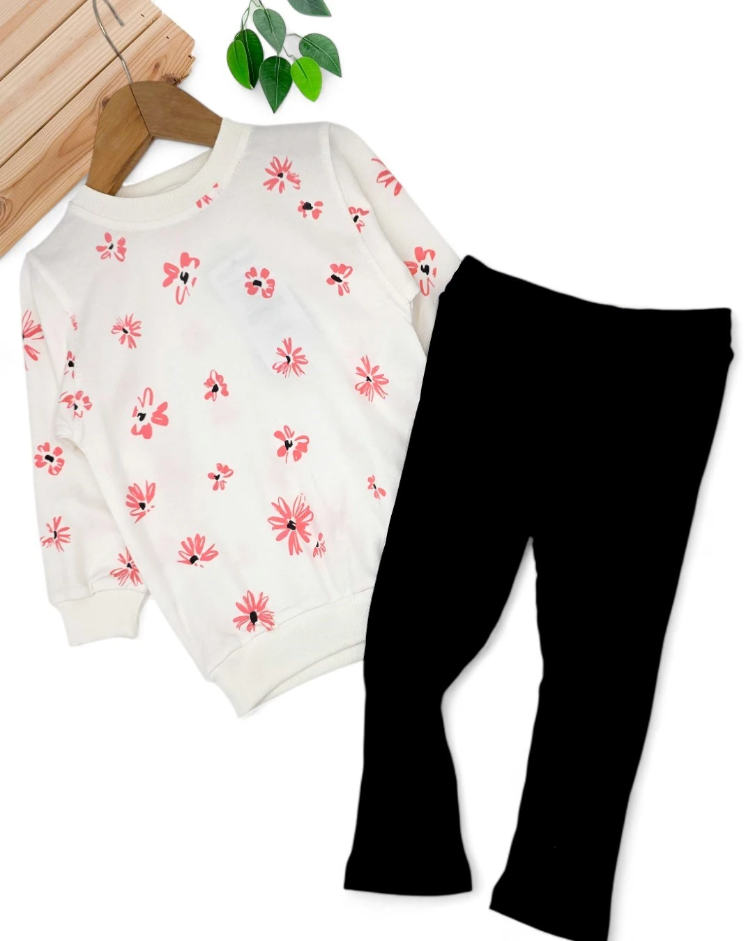 Kız Çocuk Mevsimlik 2-3-4-5-6-7-8-9-10 Yaş Fitilli Taytlı Çiçek Baskılı Eşofman Takımı R2141