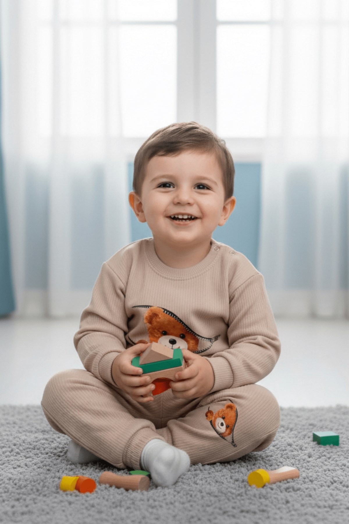 Ayıcıklı Fermuar Desenli Fitilli Pamuklu Erkek Bebek Takımı | Bebek Eşofman Pijama Alt Üst Takım R2208