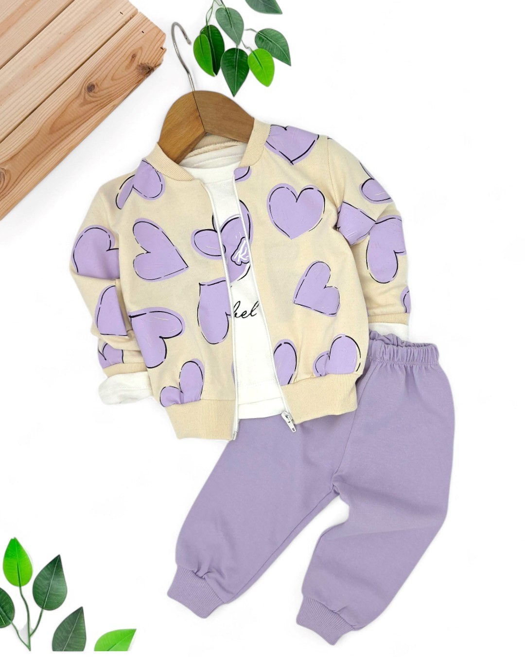 Kız Bebek Mevsimlik 3’lü Takım – Kalp Baskılı Ceket, Uzun Kollu Badi ve Alt – 6-24 Ay R1989 - LİLA