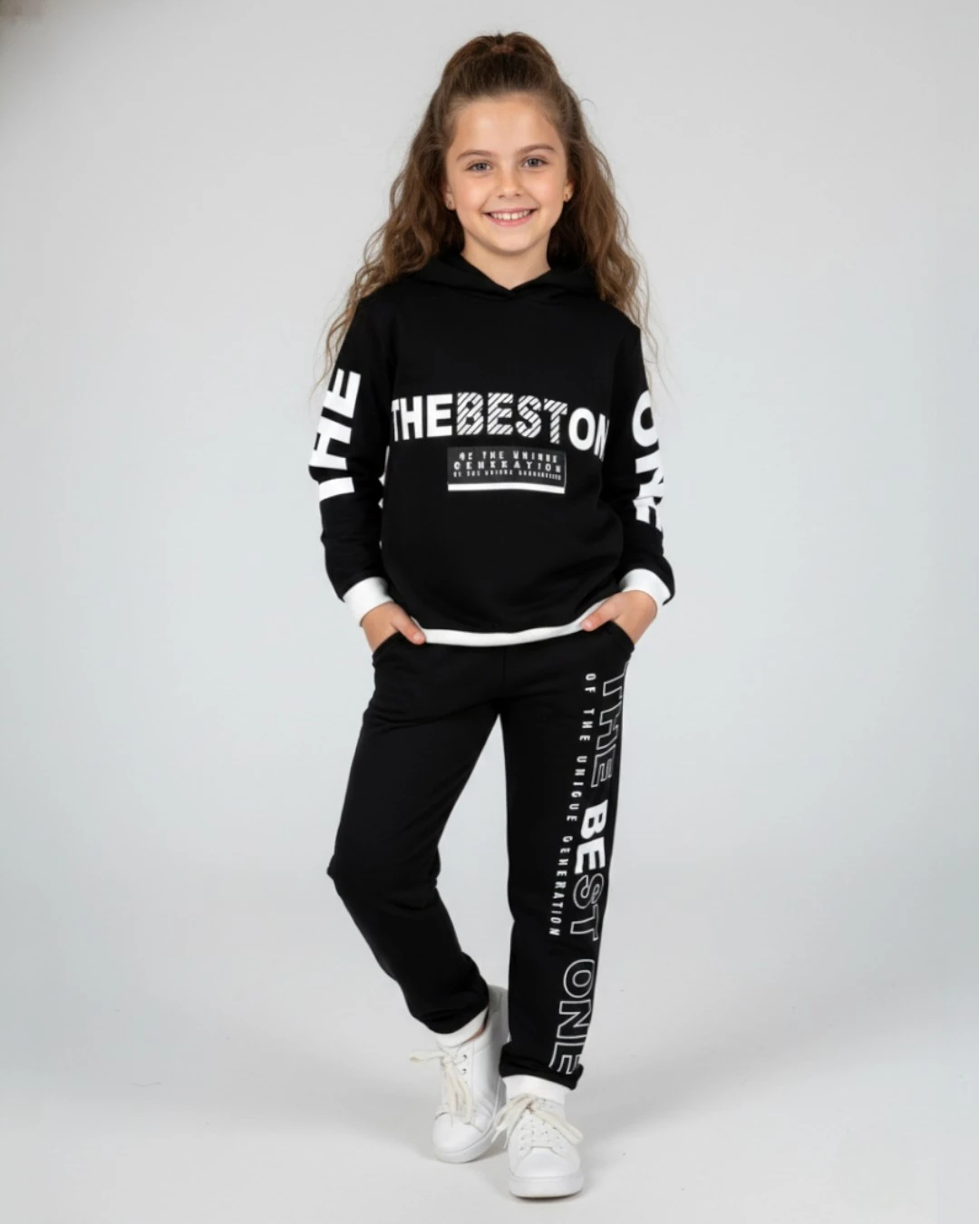 Kız Çocuk Mevsimlik Baskılı Kapüşonlu 6-7-8-9-10 Yaş Compact Eşofman Takımı, Alt Üst Takım R2406 - SİYAH