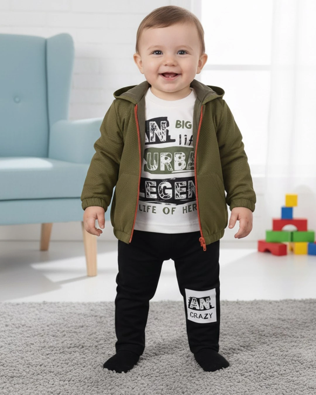 Erkek Bebek Yağmurluklu Kapüşonlu, 3 Parça Mevsimlik Alt Üst Takım l 3-6-9-12-18 Ay R2234 - HAKİ