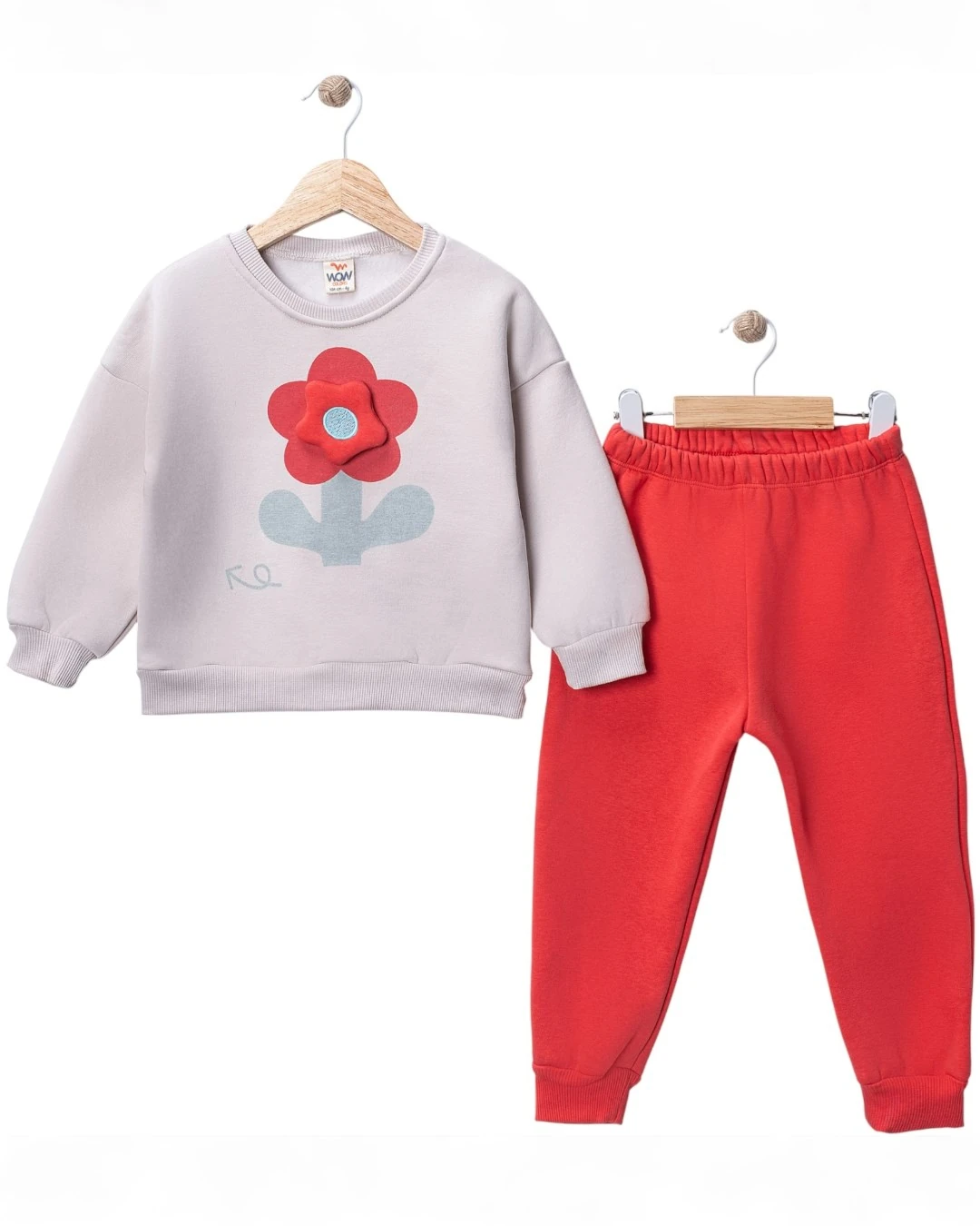 Kız Çocuk 1-2-3-4 Yaş Kışlık 3 İp Şardonlu, Çiçek Detaylı Alt Üst Eşofman Takımı R2341