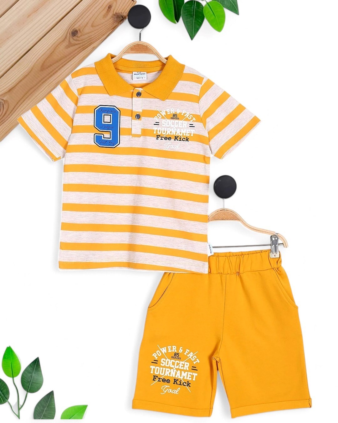 ERKEK ÇOCUK YAZLIK ÇİZGİLİ POLO YAKALI T-SHIRT VE ŞORTLU ŞIK TAKIM R1673 - SARI