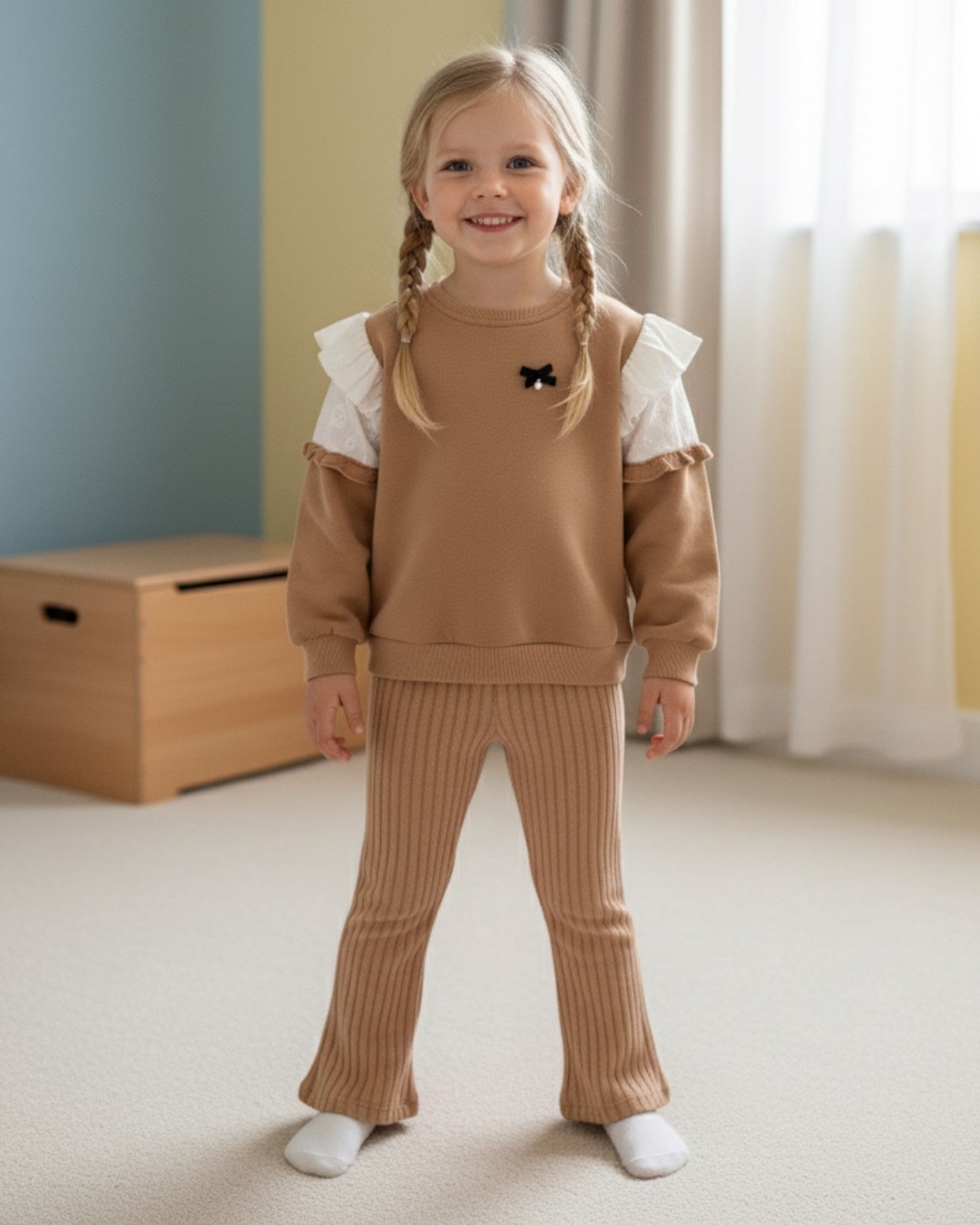 Kız Çocuk 2-3-4-5-6 Yaş Kışlık 3 İp Şardonlu Polarlı Kalın Fitilli Taytlı Şık Alt Üst Takım R1460 - KAHVERENGİ