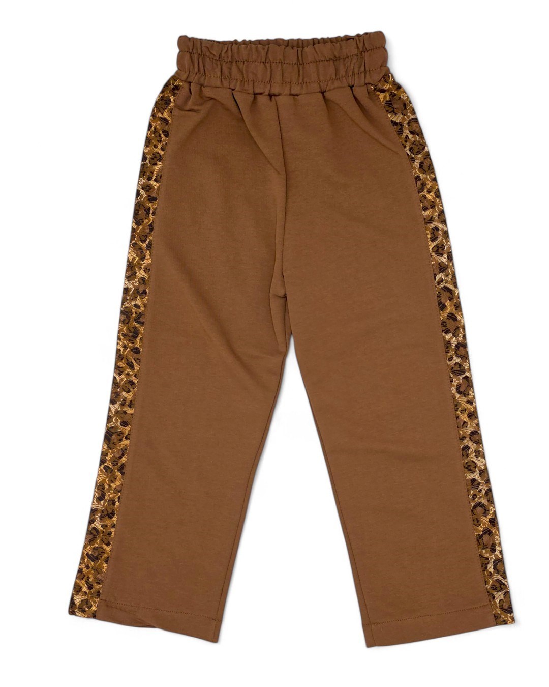 Kız Çocuk Boydan  Leopar Ve Dantel Detaylı 2 İplik Mevsimlik Compact Geniş Paçalı Şık Eşofman Takımı R2192