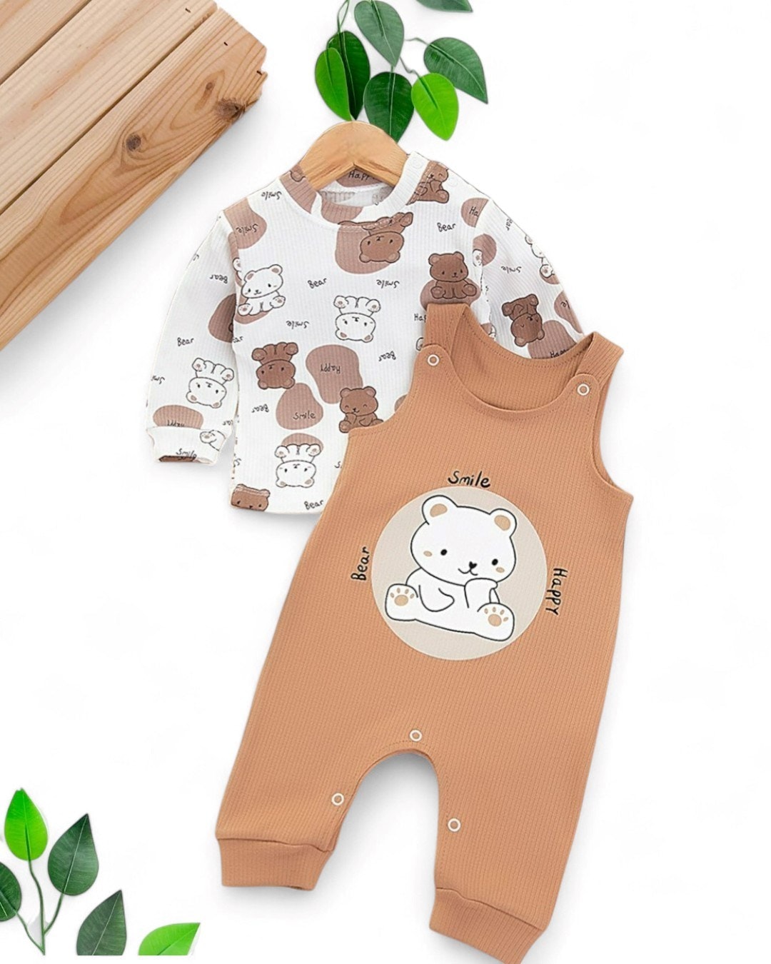 Erkek Bebek 0-3-6-9 Ay Ayı Baskılı Salopet / Bahçıvan Tulum ve İç Badili Takım R2005