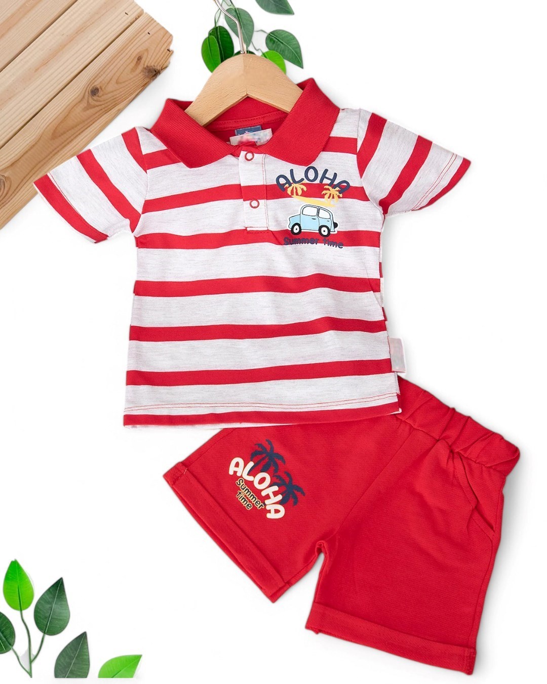 ERKEK BEBEK ALOHA BASKILI ÇİZGİLİ POLO YAKALI 6-9-12-18-24 AY ŞORTLU BEBEK TAKIMI R1694 - KIRMIZI