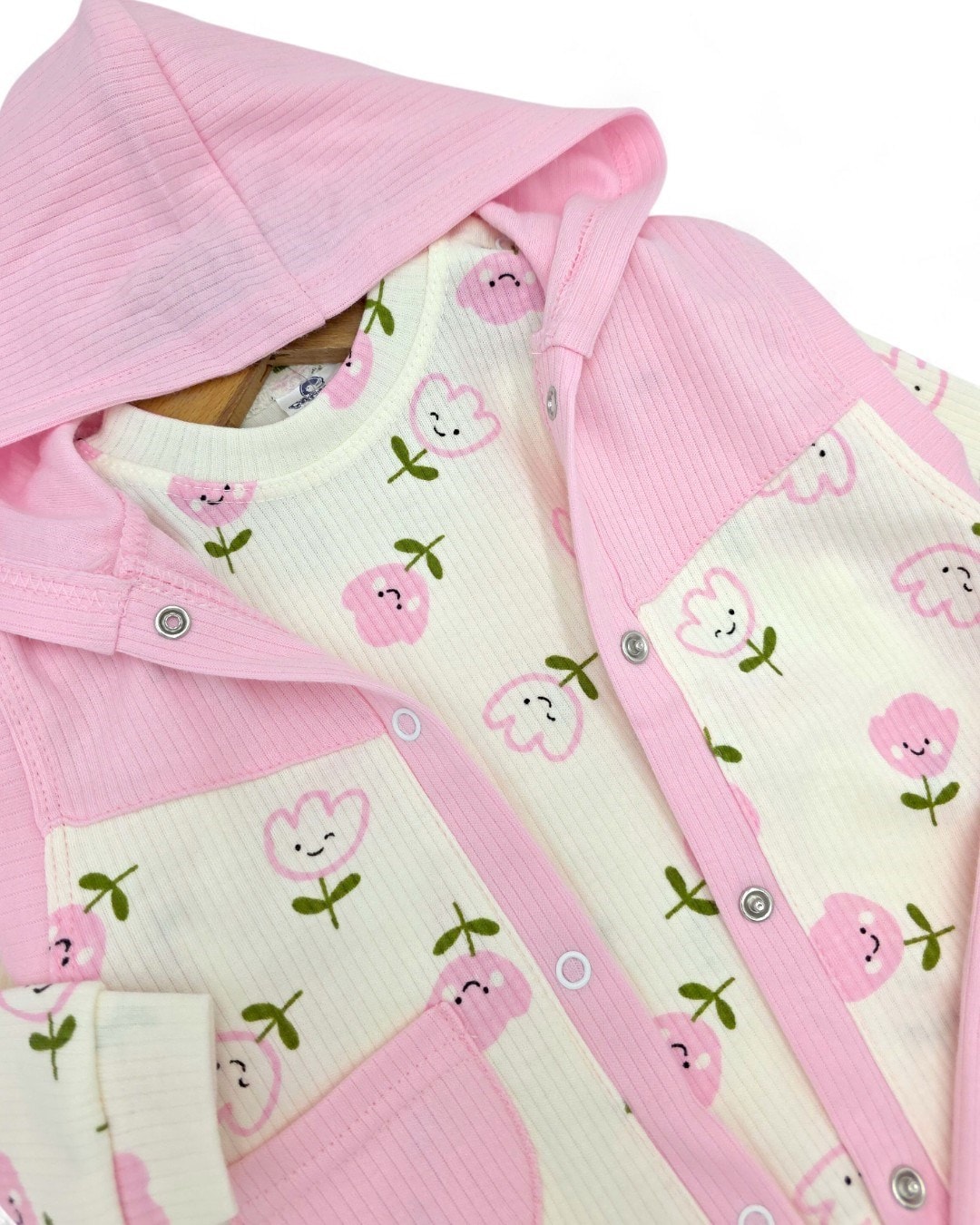 Kız Bebek Fitilli LaLe Baskılı Yelekli 3 Parça Şirin 6-12 Ay Bebek Takımı R2175