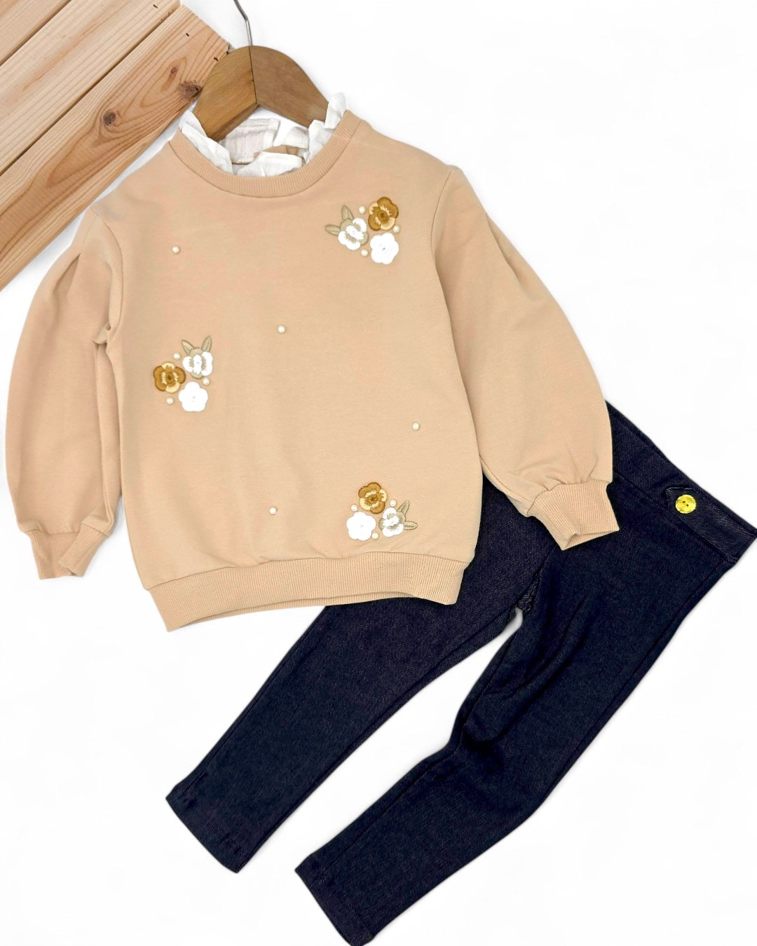 Kız Çocuk Çiçek Nakışlı Yaka Detaylı, Taytlı 2-10 Yaş Arası, Şık Alt Üst Takım R2329