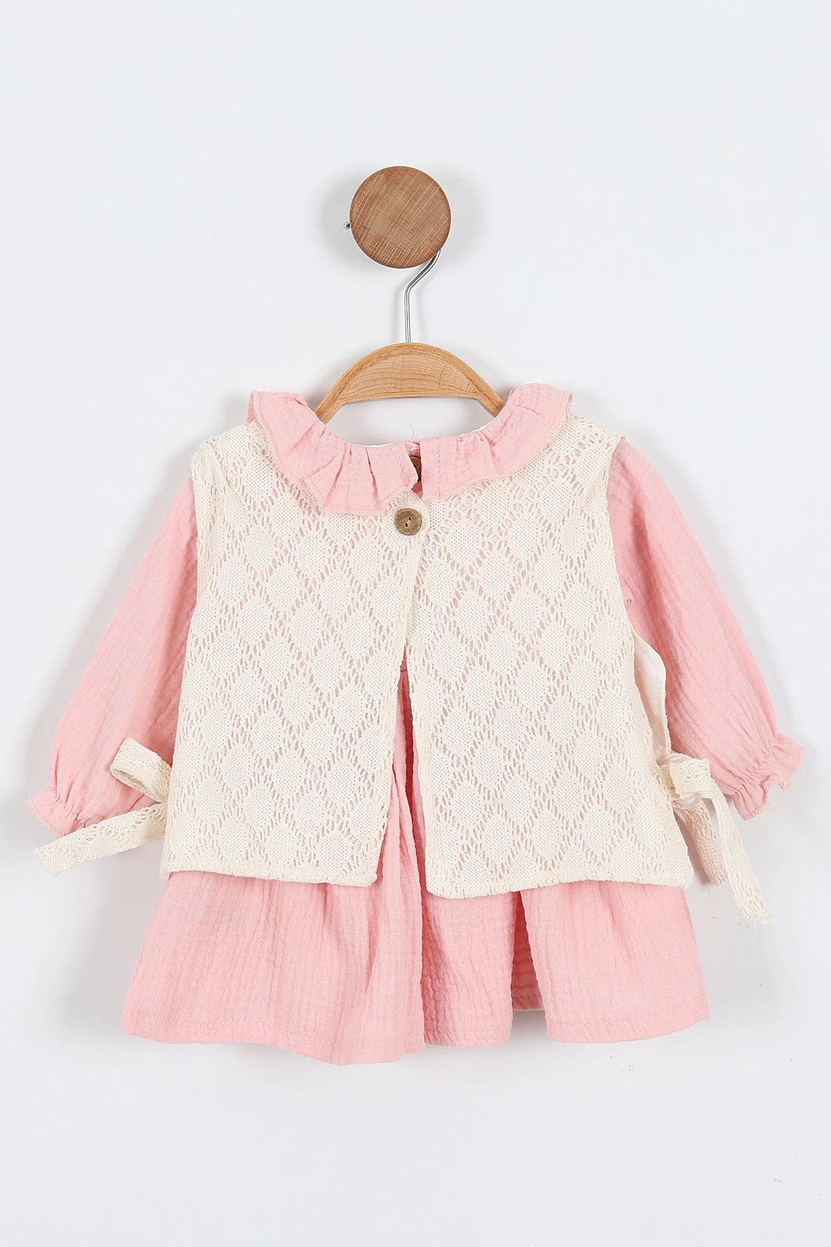 KIZ BEBEK ÖRGÜ YELEKLİ MÜSLİN 3-6-9-12-18 AY BEBEK ELBİSESİ / BAYRAMLIK ÖZEL GÜN ELBİSE R1554