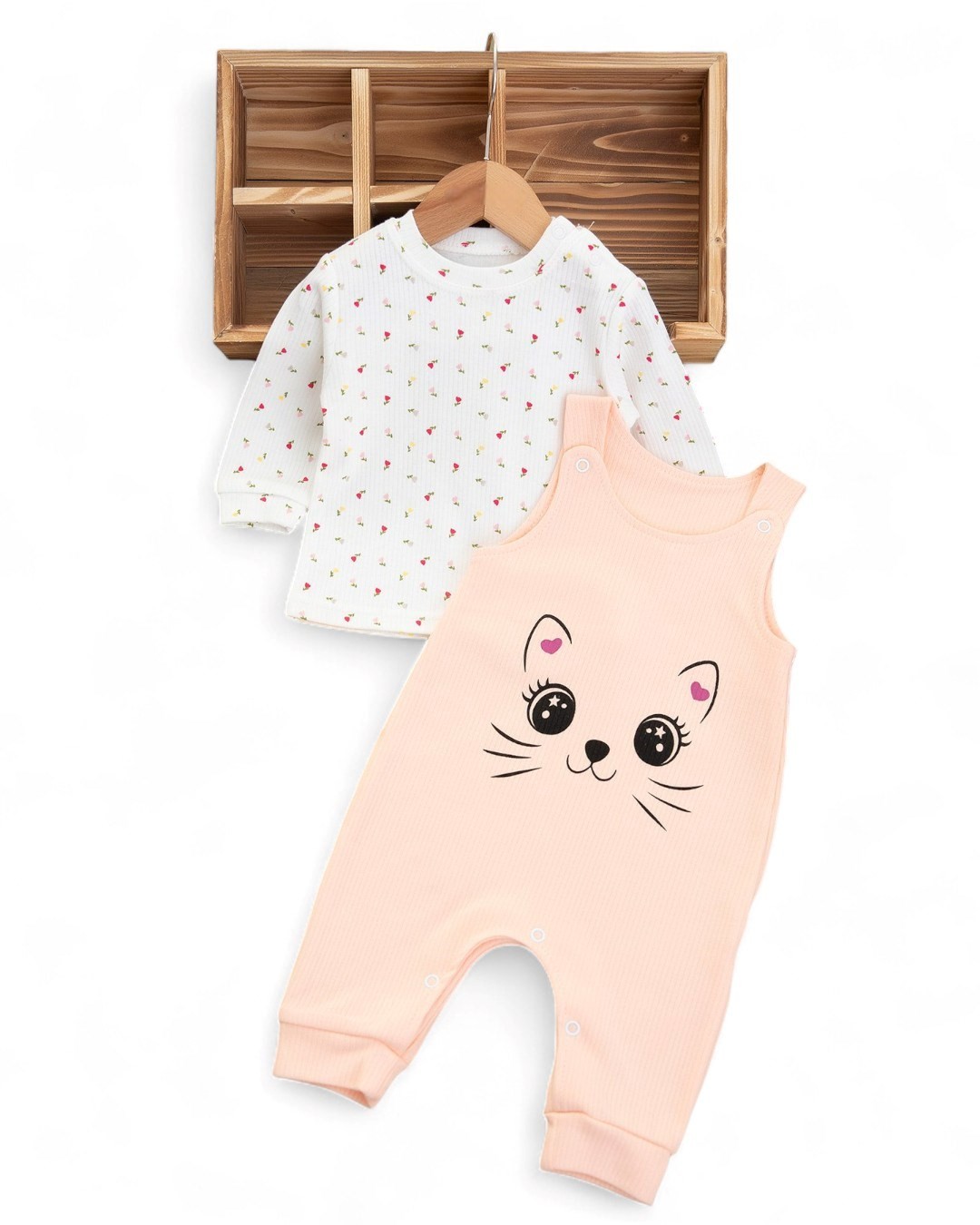Kız Bebek Fitilli Kedi Baskılı Bahçıvan Salopet Tulum Yenidoğan 3-6-9 Ay Mevsimlik Uzun Kollu Tulum R337 - SOMON