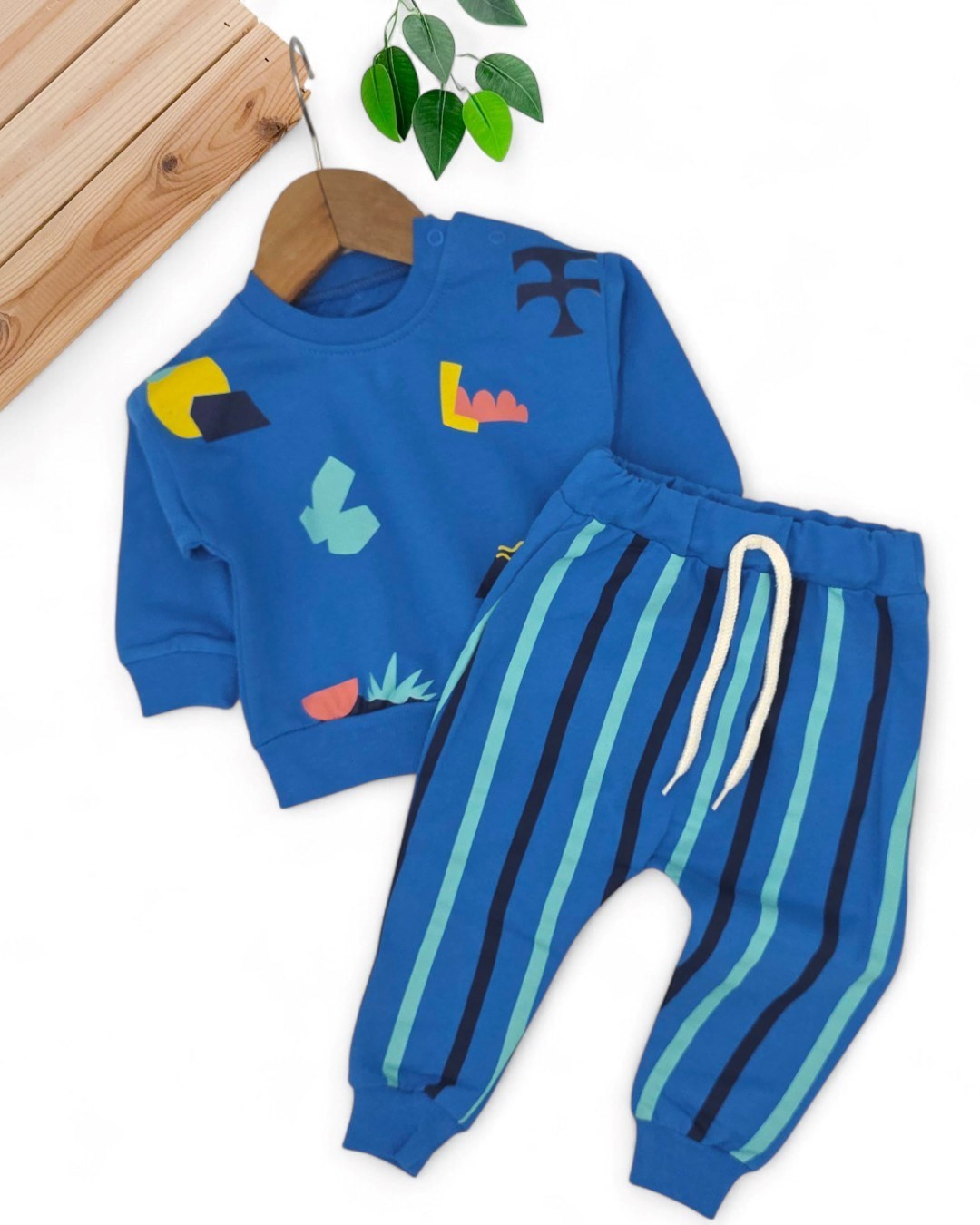 Erkek Bebek Mevsimlil Baskılı Sweatshirt, Çizgili Altlı 6-9-12-18-24 Ay 2'li Alt Üst Takım R2103 - SAKS