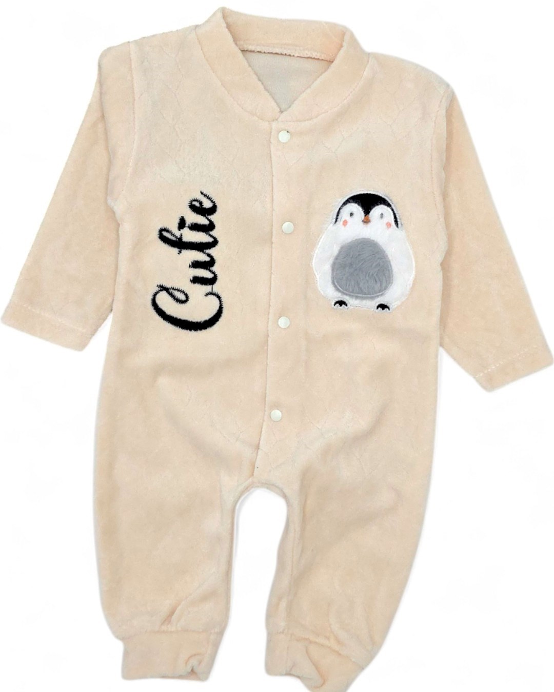 Bebek Kışlık Penguen Desenli %100 Pamuklu 0-1-3-6 Ay Kadife Çıtçıtlı Tulum R2163 - BEJ