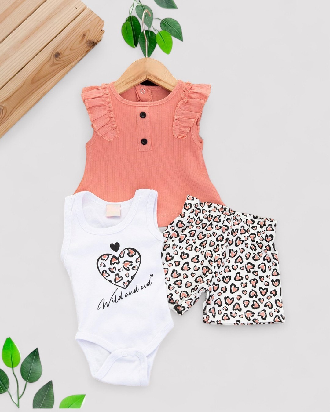 KIZ BEBEK  0-3-6-9-12 AY YAZLIK LEOPAR ŞORTLU FİTİLLİ BLUZ VE ÇITÇITLI BODYLİ 3'LÜ YENİ DOĞAN TAKIM  r1933 - NAR ÇİÇEĞİ