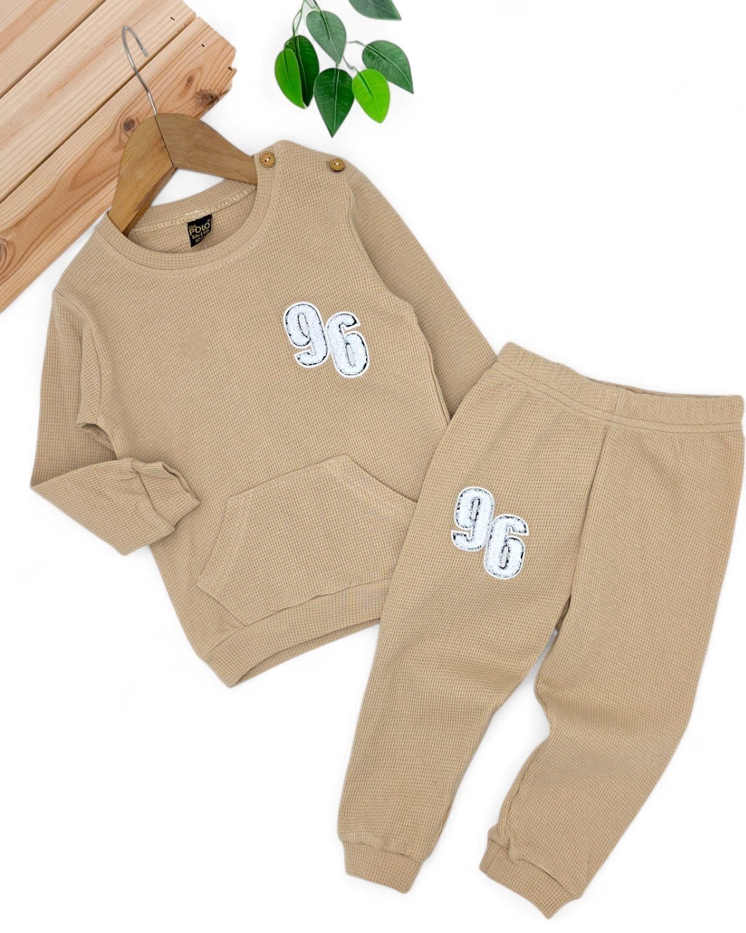 Erkek Bebek 96 Nakışlı Waffle Kumaş Mevsimlik 6-9-12-18-24 Ay Uzun Kollu Günlük Bebek Takımı r2137 - BEJ