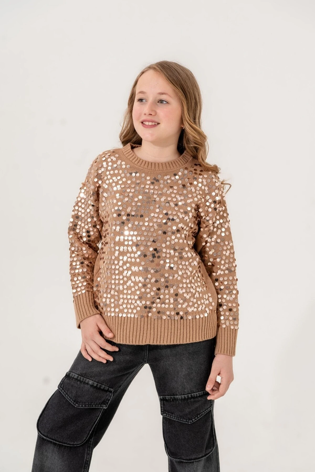 Kız Çocuk 9-15 Yaş Pullu Akrilik Kazak, Pullu Triko Çocuk Kazağı l 9-10-11-12-13-14-15 Yaş Kız Kazak