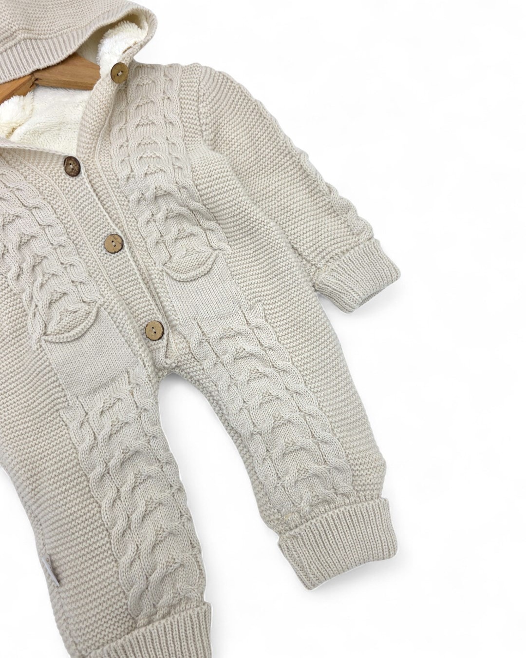 Kışlık Triko Bebek Tulumu, İçi Welsoftlu Düğmeli, Kapüşonlu 3-6-9-12 Aylık Kalın Peluş Tulum R2200